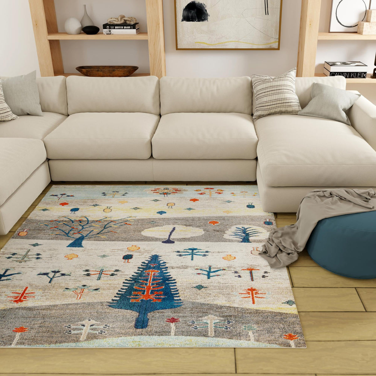 Colorburst Oasis Collection Area Rug -  Mosaic Square Ivory Gray Blue  lifestyle 104