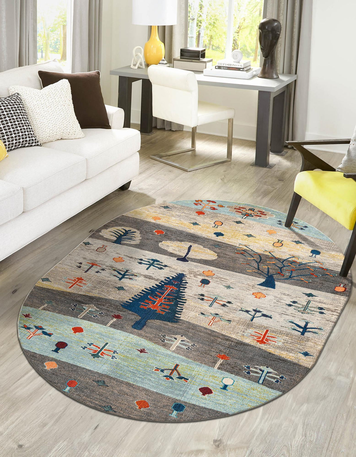 Colorburst Oasis Collection Area Rug -  Mosaic Oval Ivory Gray Blue  lifestyle 33