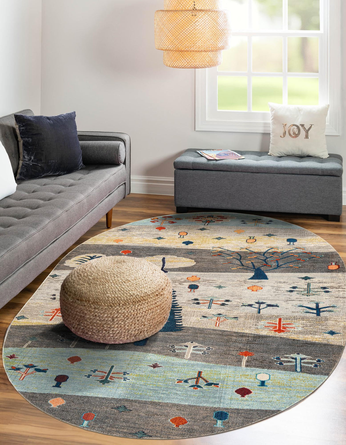 Colorburst Oasis Collection Area Rug -  Mosaic Oval Ivory Gray Blue  lifestyle 39