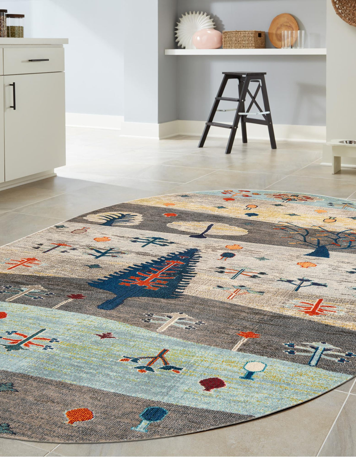 Colorburst Oasis Collection Area Rug -  Mosaic Oval Ivory Gray Blue  lifestyle 43