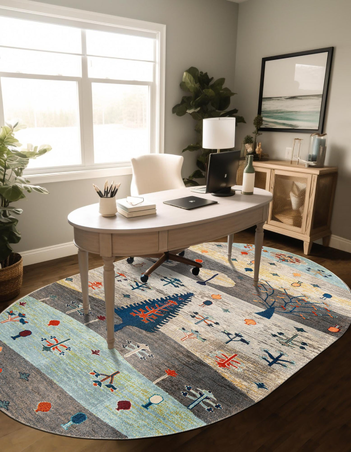 Colorburst Oasis Collection Area Rug -  Mosaic Oval Ivory Gray Blue  lifestyle 45