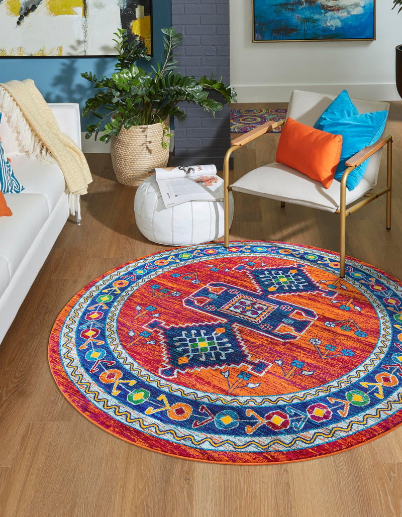 Caribbean Cove Collection Area Rug -  Barbados Round Rust Red Blue  lifestyle 21