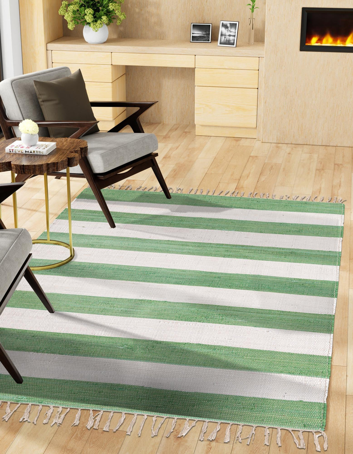 Tassel Trail Collection Area Rug - Pathway Rectangle Green and Ivory  lifestyle 9