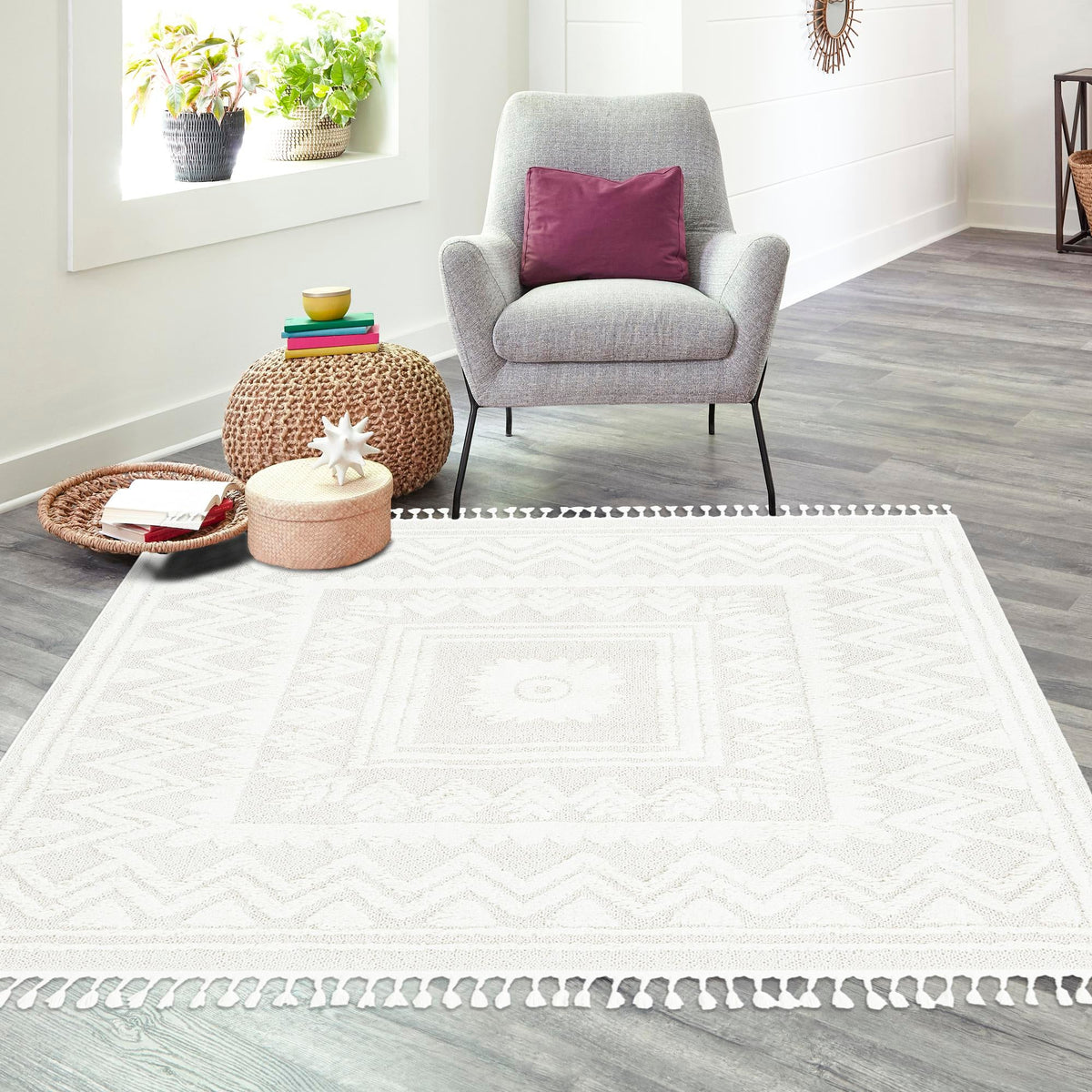 Sahara Chic Collection Area Rug -  Tangier Square Ivory  lifestyle 180