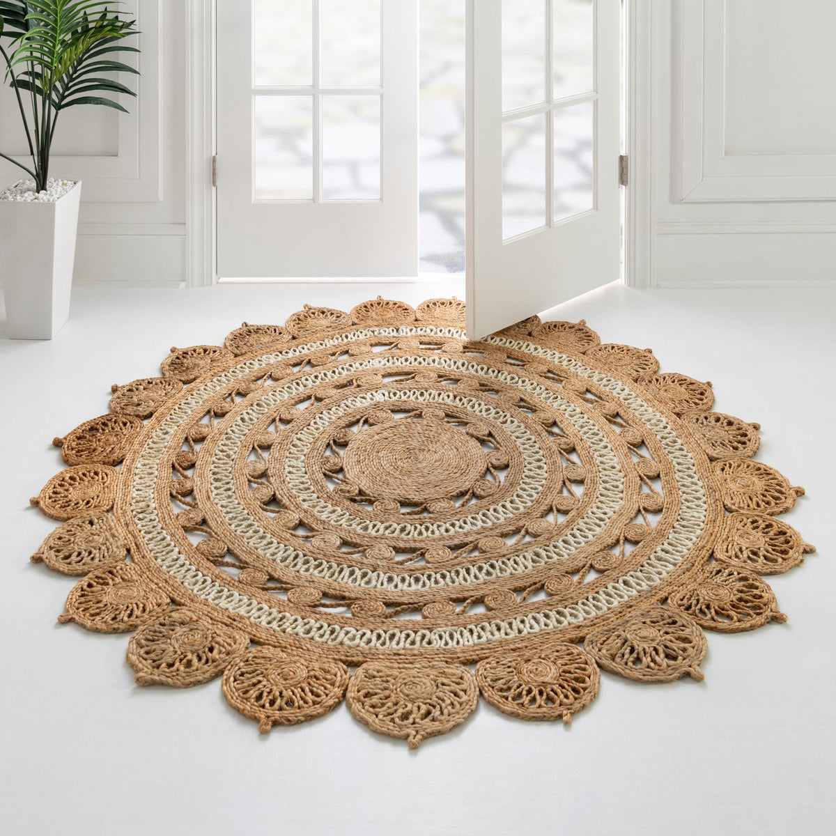 Woven Seaside Jute Collection Area Rug - Coastalhaven (Natural and White) Round Natural and White  lifestyle 14