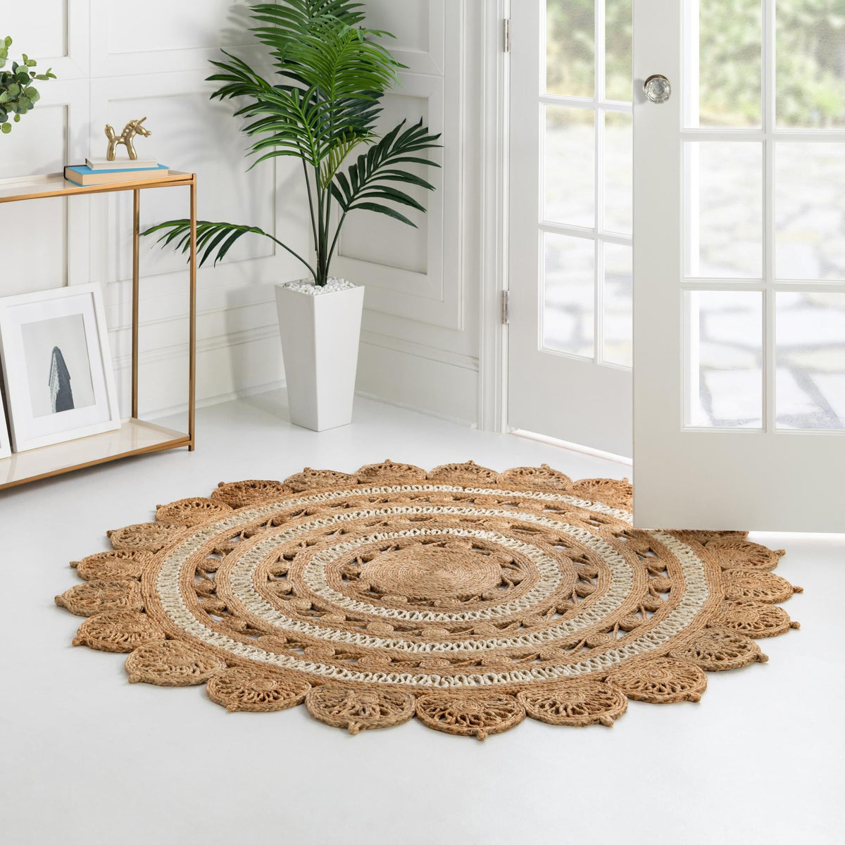 Woven Seaside Jute Collection Area Rug - Coastalhaven (Natural and White) Round Natural and White  lifestyle 16