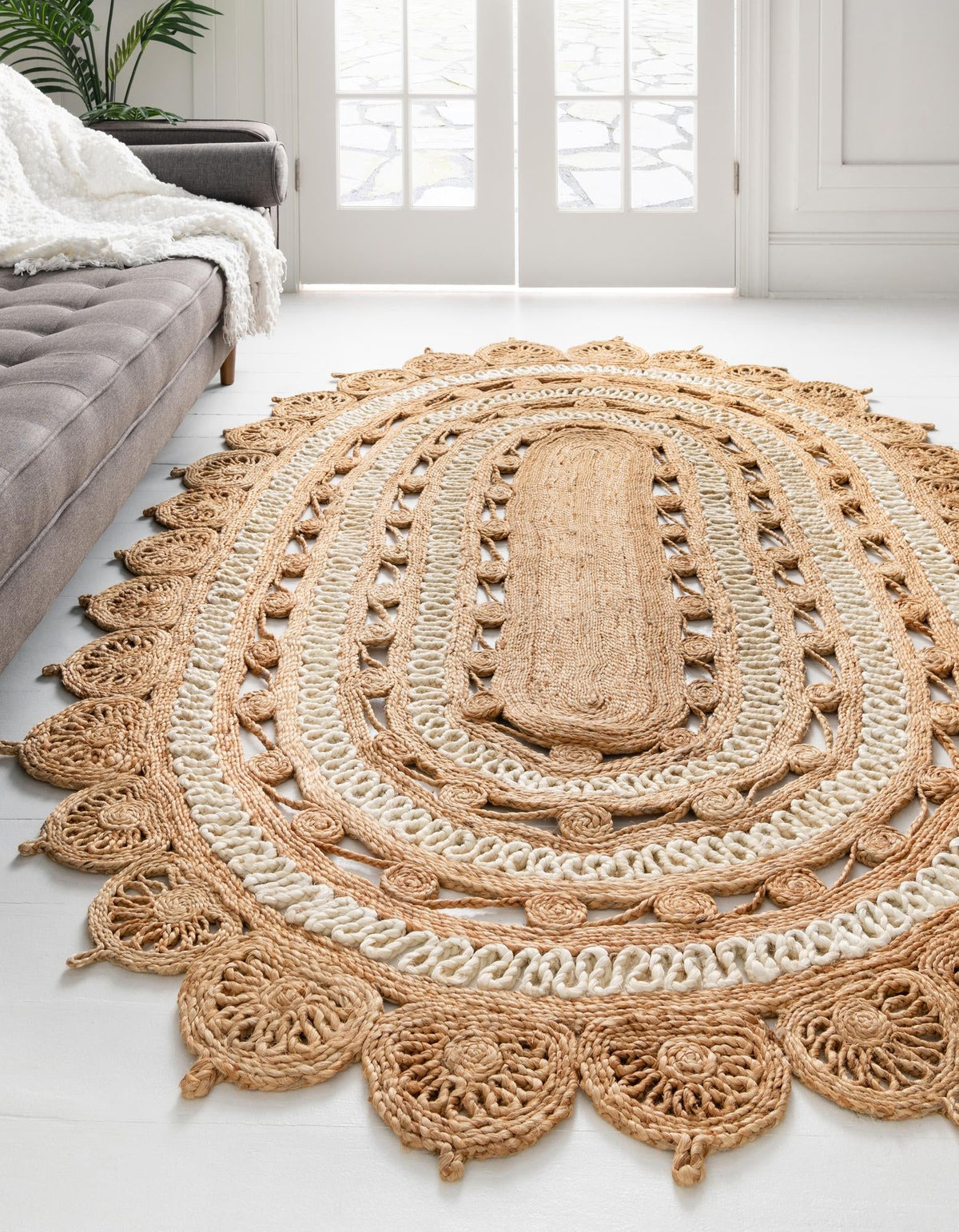 Woven Seaside Jute Collection Area Rug - Coastalhaven (Natural and White) Oval Natural and White  lifestyle 4