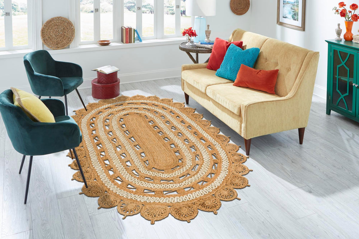 Woven Seaside Jute Collection Area Rug - Coastalhaven (Natural and White) Oval Natural and White  lifestyle 7