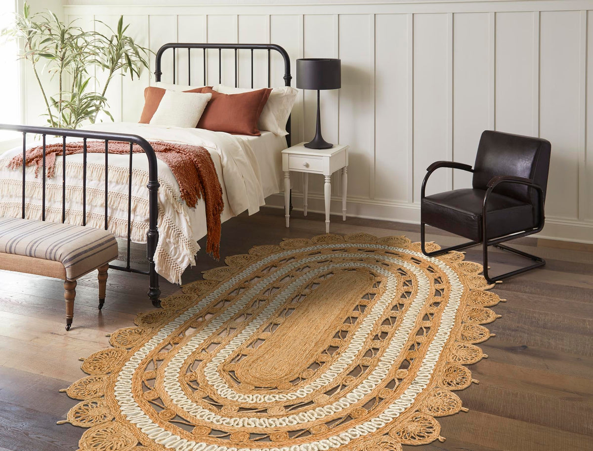 Woven Seaside Jute Collection Area Rug - Coastalhaven (Natural and White) Oval Natural and White  lifestyle 8