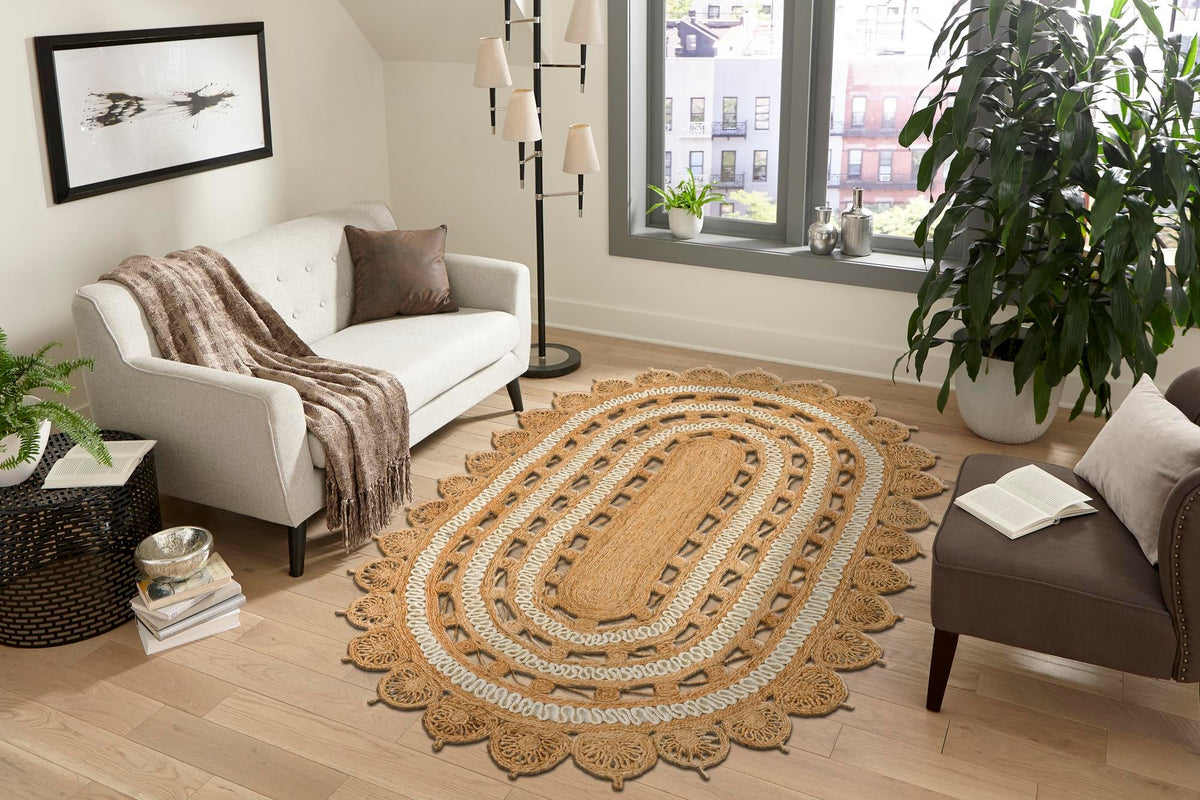 Woven Seaside Jute Collection Area Rug - Coastalhaven (Natural and White) Oval Natural and White  lifestyle 9