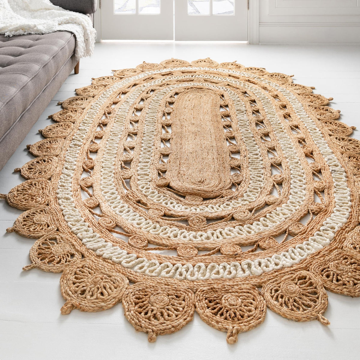 Woven Seaside Jute Collection Area Rug - Coastalhaven (Natural and White) Oval Natural and White  lifestyle 15