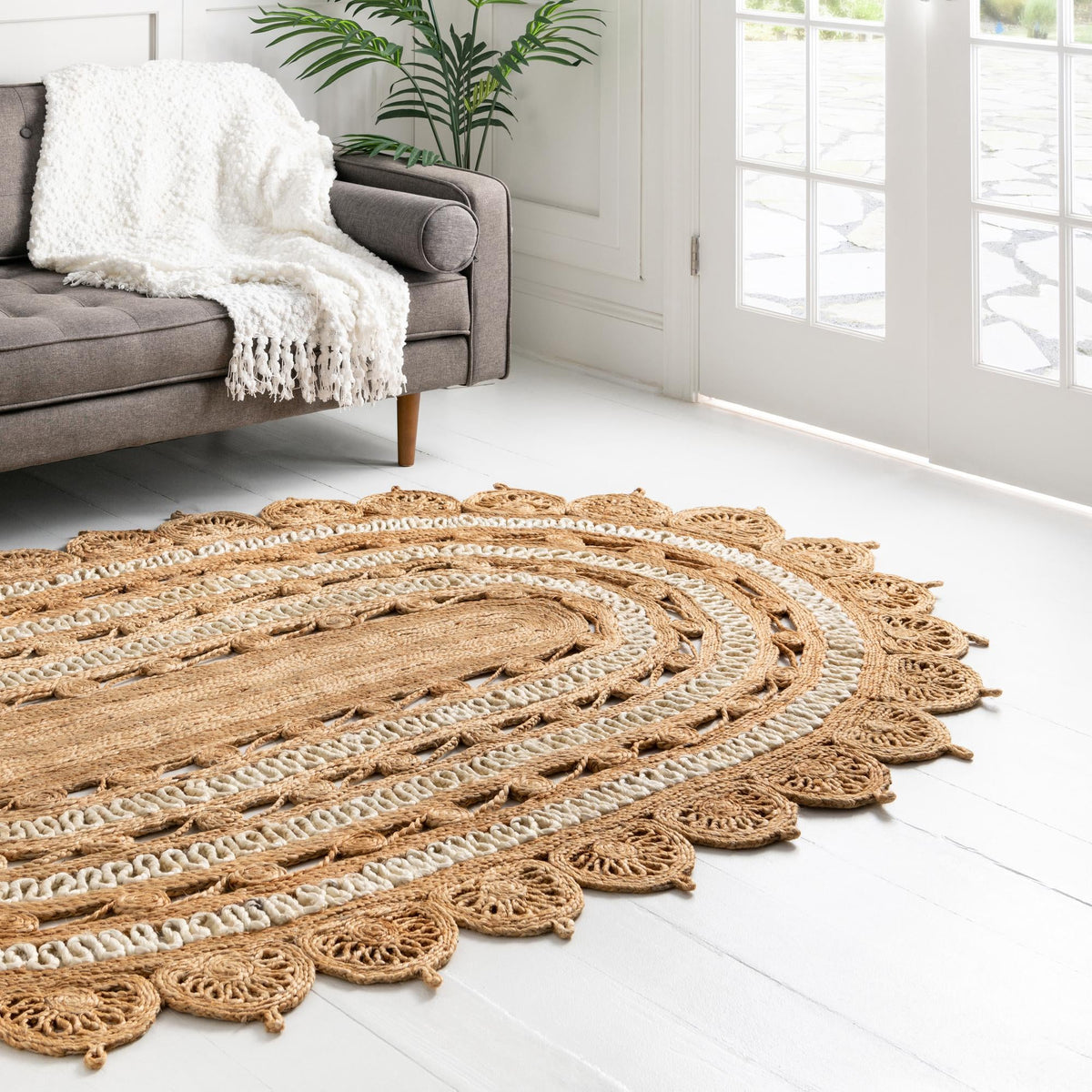 Woven Seaside Jute Collection Area Rug - Coastalhaven (Natural and White) Oval Natural and White  lifestyle 17