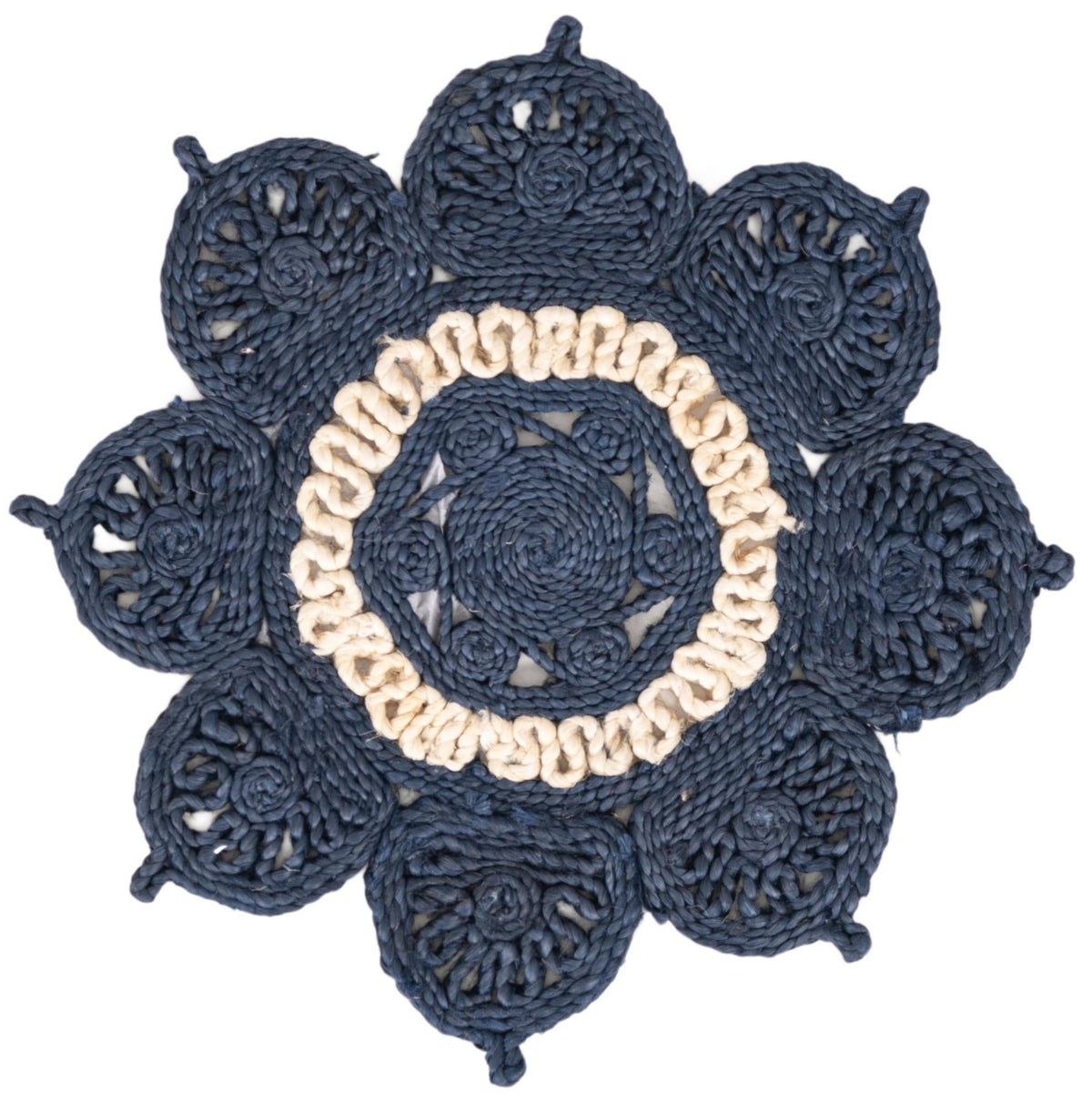 Woven Seaside Jute Collection Area Rug - Coastalhaven (Navy Blue and White) Round Navy Blue and White Main