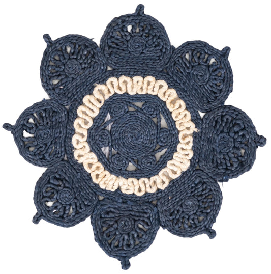 Woven Seaside Jute Collection Area Rug - Coastalhaven (Navy Blue and White) Round Navy Blue and White Main