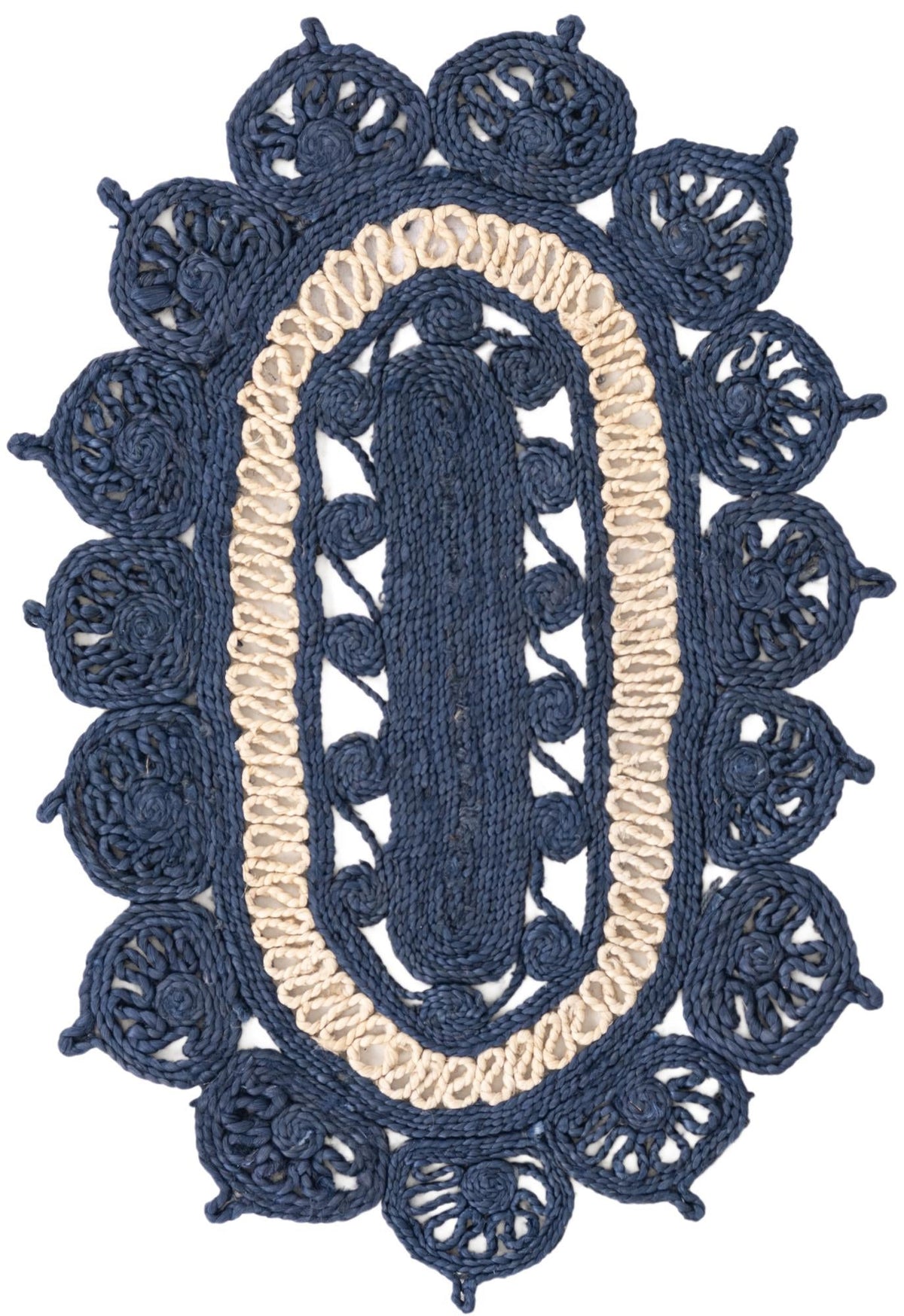 Woven Seaside Jute Collection Area Rug - Coastalhaven (Navy Blue and White) Oval Navy Blue and White  lifestyle 2