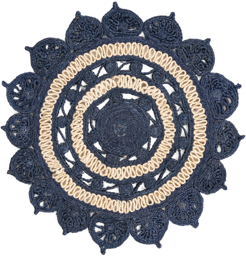 Woven Seaside Jute Collection Area Rug - Coastalhaven (Navy Blue and White) Round Navy Blue and White  lifestyle 3