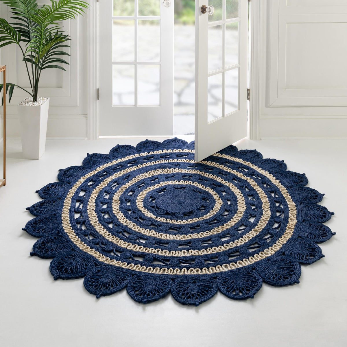 Woven Seaside Jute Collection Area Rug - Coastalhaven (Navy Blue and White) Round Navy Blue and White  lifestyle 16