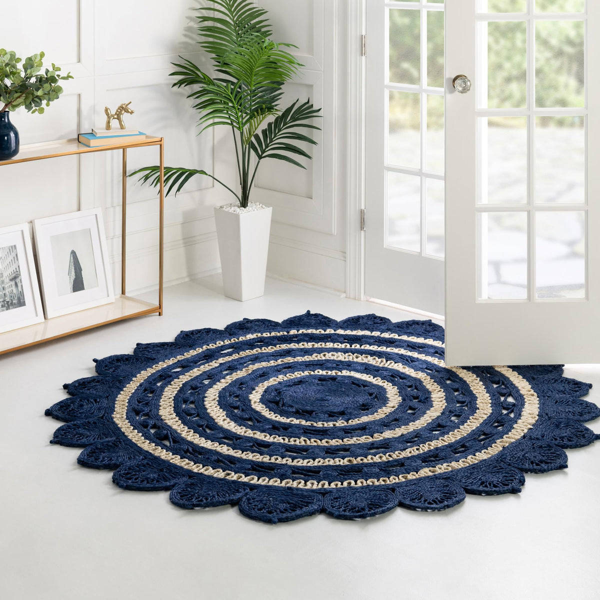 Woven Seaside Jute Collection Area Rug - Coastalhaven (Navy Blue and White) Round Navy Blue and White  lifestyle 18