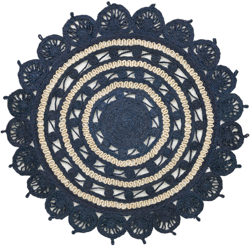 Woven Seaside Jute Collection Area Rug - Coastalhaven (Navy Blue and White) Round Navy Blue and White  lifestyle 4