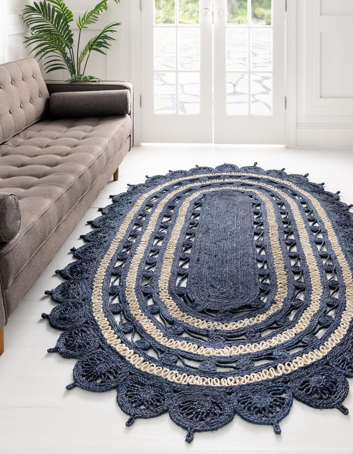 Woven Seaside Jute Collection Area Rug - Coastalhaven (Navy Blue and White) Oval Navy Blue and White  lifestyle 4