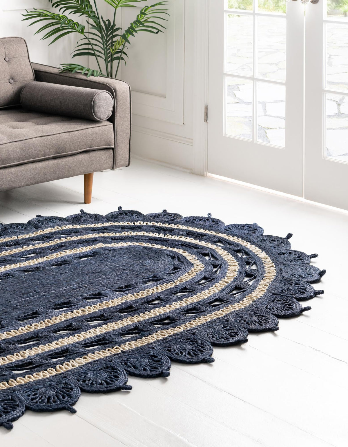 Woven Seaside Jute Collection Area Rug - Coastalhaven (Navy Blue and White) Oval Navy Blue and White  lifestyle 6