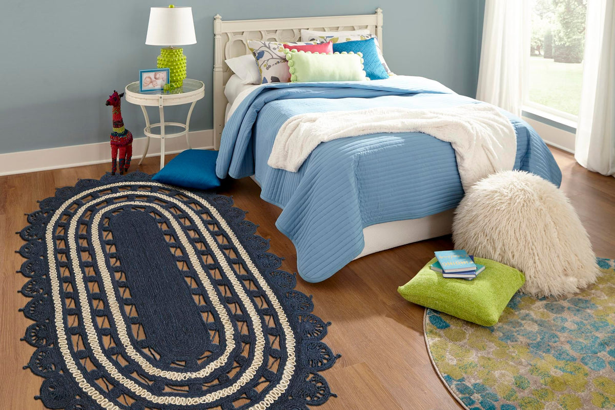 Woven Seaside Jute Collection Area Rug - Coastalhaven (Navy Blue and White) Oval Navy Blue and White  lifestyle 7