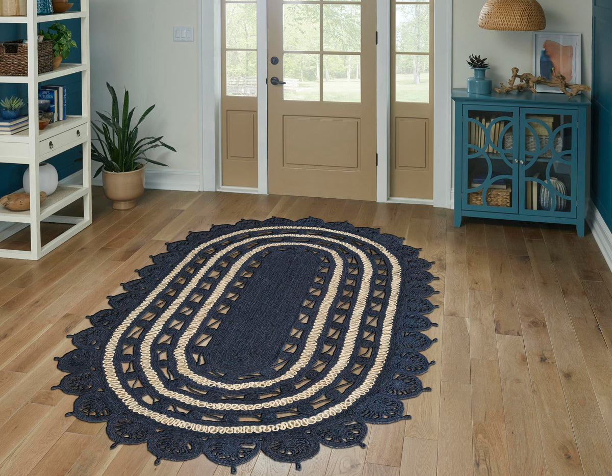 Woven Seaside Jute Collection Area Rug - Coastalhaven (Navy Blue and White) Oval Navy Blue and White  lifestyle 8