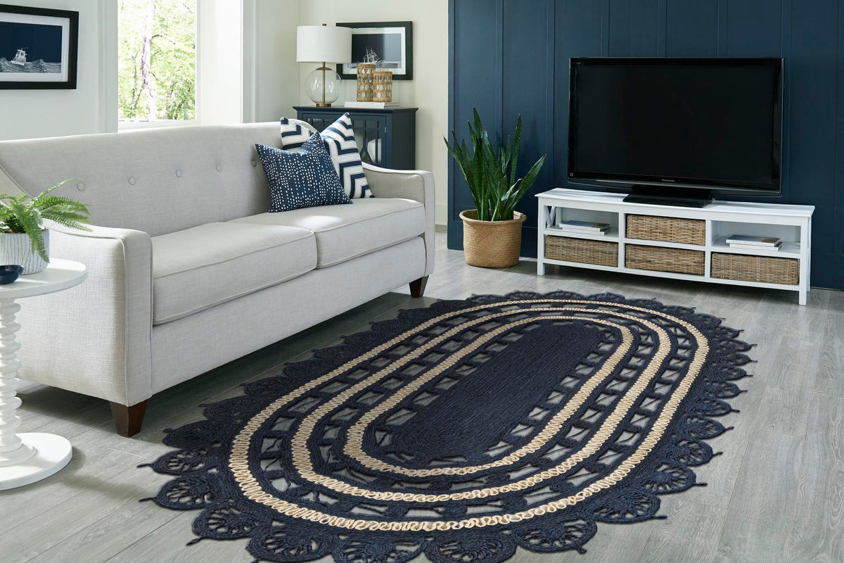 Woven Seaside Jute Collection Area Rug - Coastalhaven (Navy Blue and White) Oval Navy Blue and White  lifestyle 9