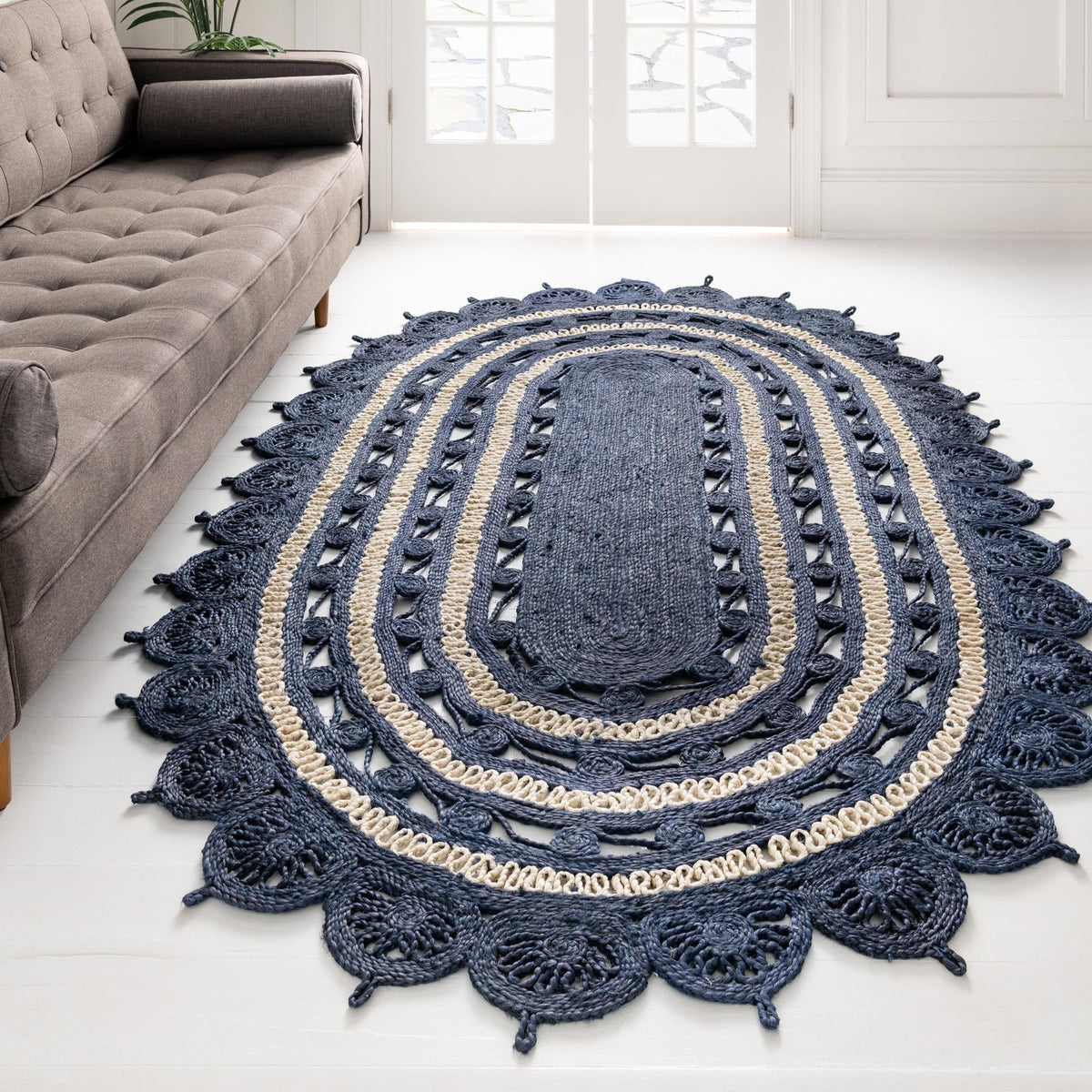 Woven Seaside Jute Collection Area Rug - Coastalhaven (Navy Blue and White) Oval Navy Blue and White  lifestyle 17