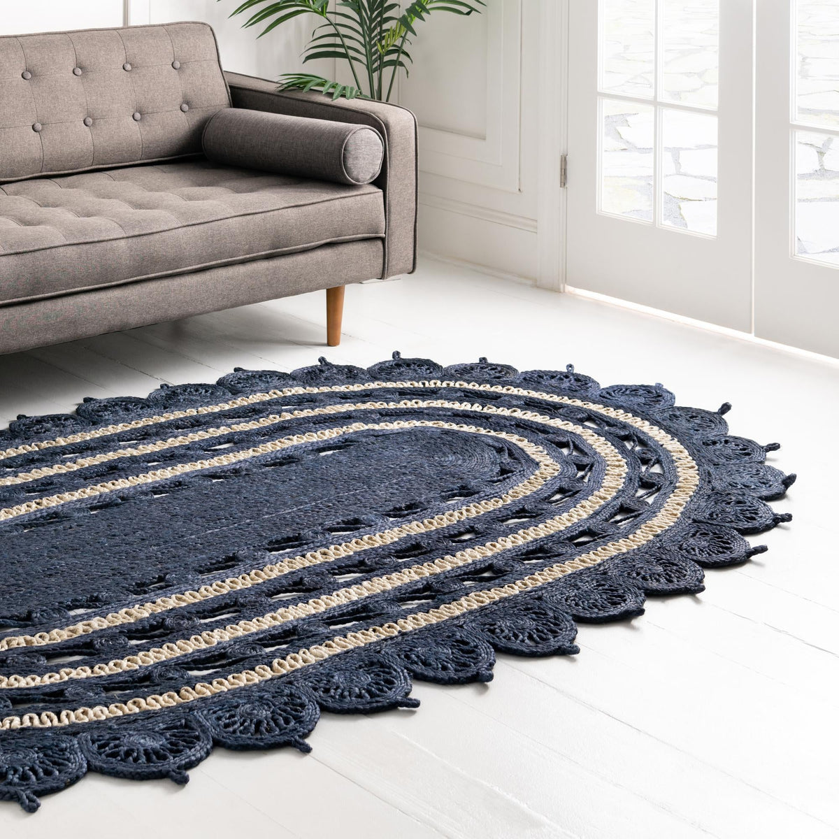 Woven Seaside Jute Collection Area Rug - Coastalhaven (Navy Blue and White) Oval Navy Blue and White  lifestyle 19