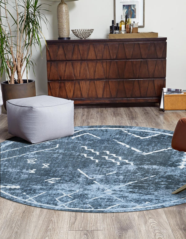 Aegean Elegance Washables Collection Area Rug - Santorini Round Navy Blue  lifestyle 41