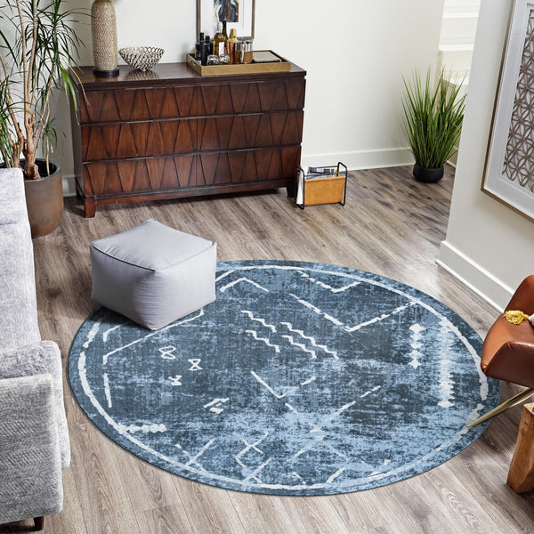 Aegean Elegance Washables Collection Area Rug - Santorini Round Navy Blue  lifestyle 98