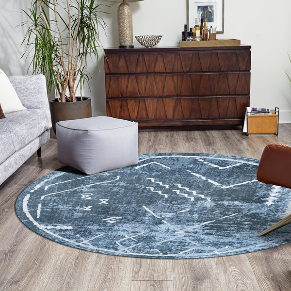 Aegean Elegance Washables Collection Area Rug - Santorini Round Navy Blue  lifestyle 103