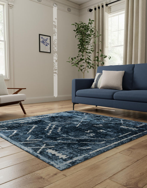 Aegean Elegance Washables Collection Area Rug - Santorini Square Navy Blue  lifestyle 47