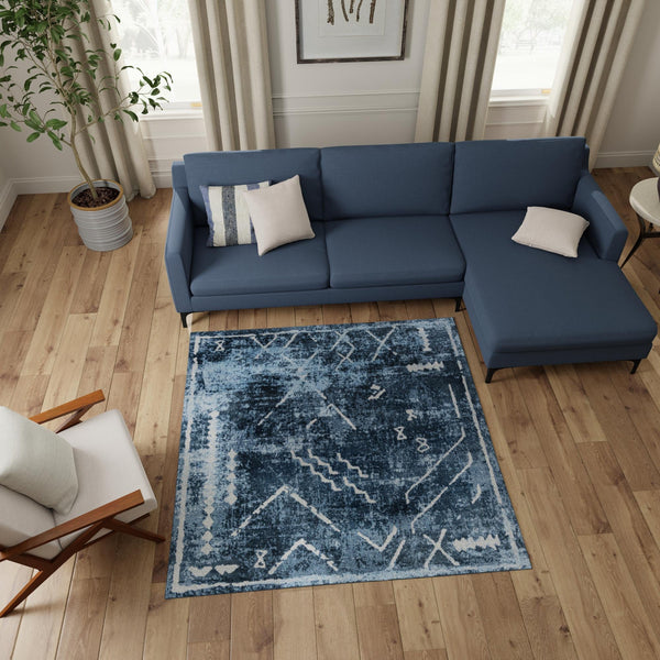 Aegean Elegance Washables Collection Area Rug - Santorini Square Navy Blue  lifestyle 62