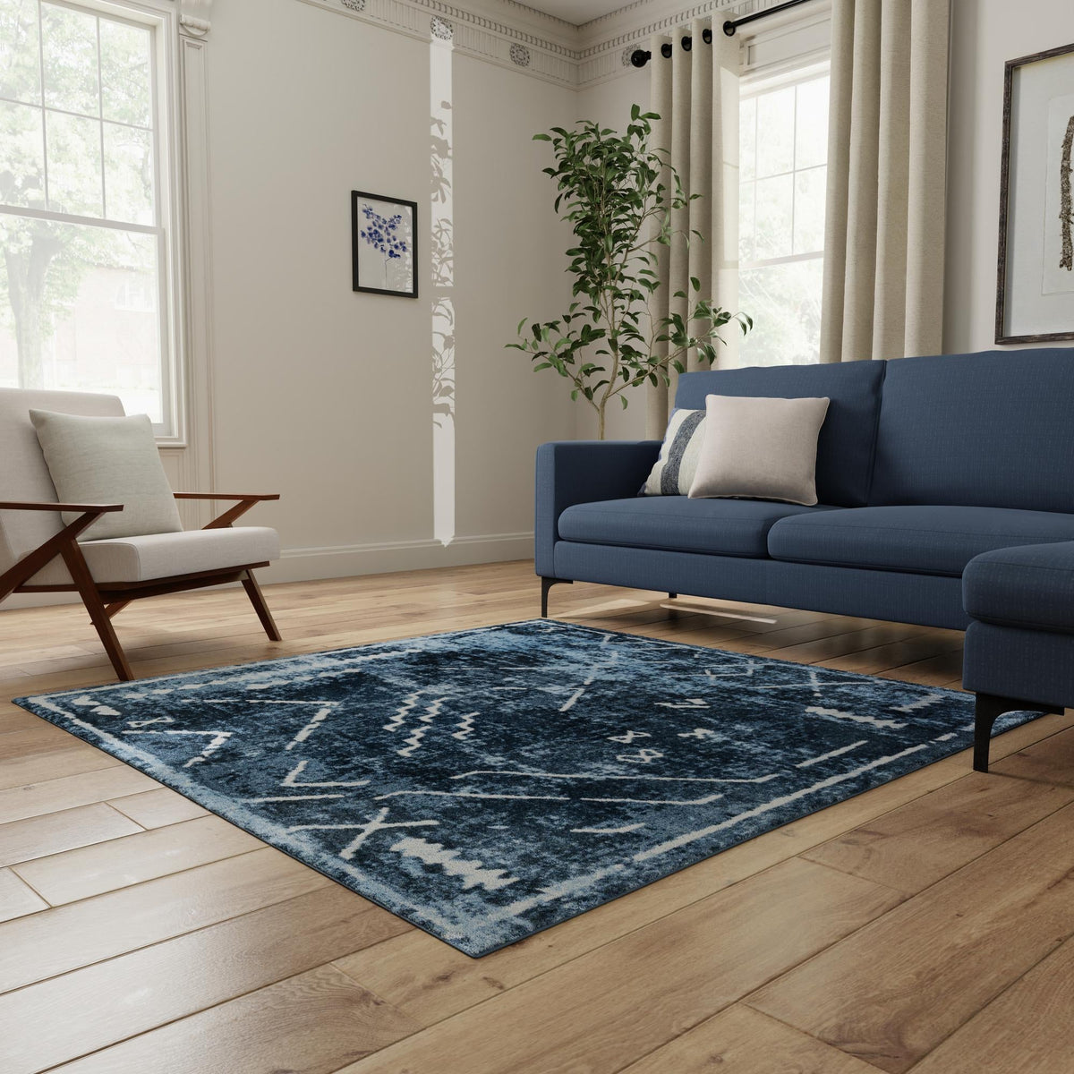 Aegean Elegance Washables Collection Area Rug - Santorini Square Navy Blue  lifestyle 68