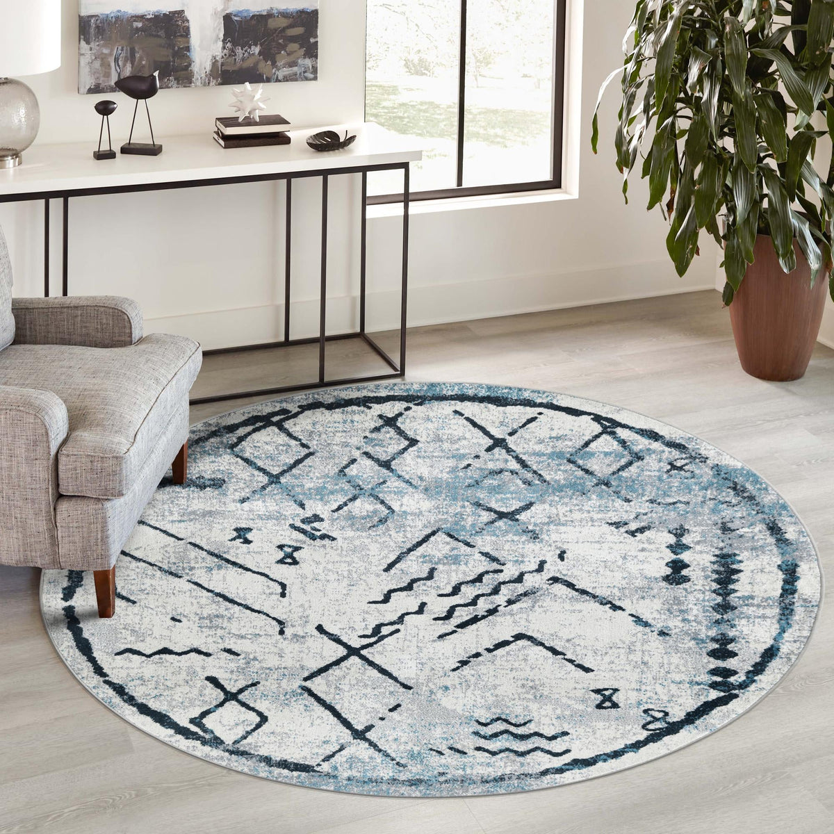 Aegean Elegance Washables Collection Area Rug - Santorini Round Ivory Gray  lifestyle 102