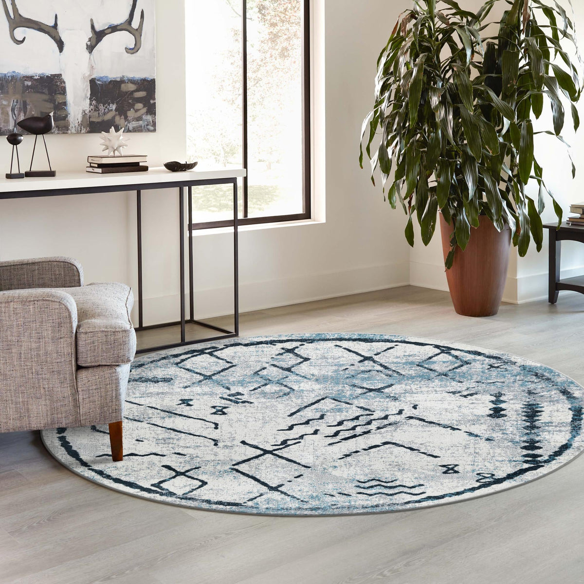 Aegean Elegance Washables Collection Area Rug - Santorini Round Ivory Gray  lifestyle 107