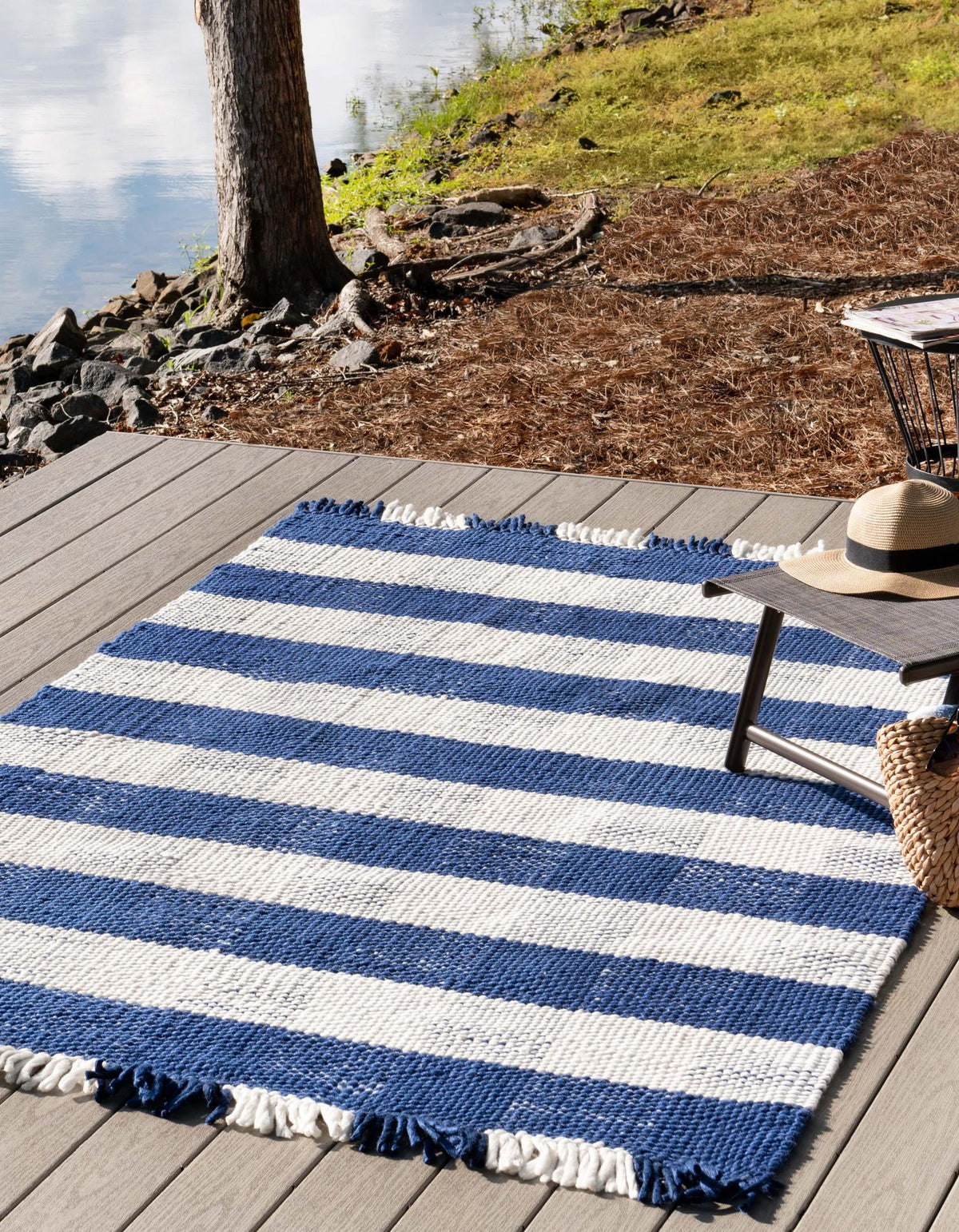 Sustainable Grid Indoor-Outdoor Oasis Collection Area Rug - Savannah Rectangle Navy Blue  lifestyle 4