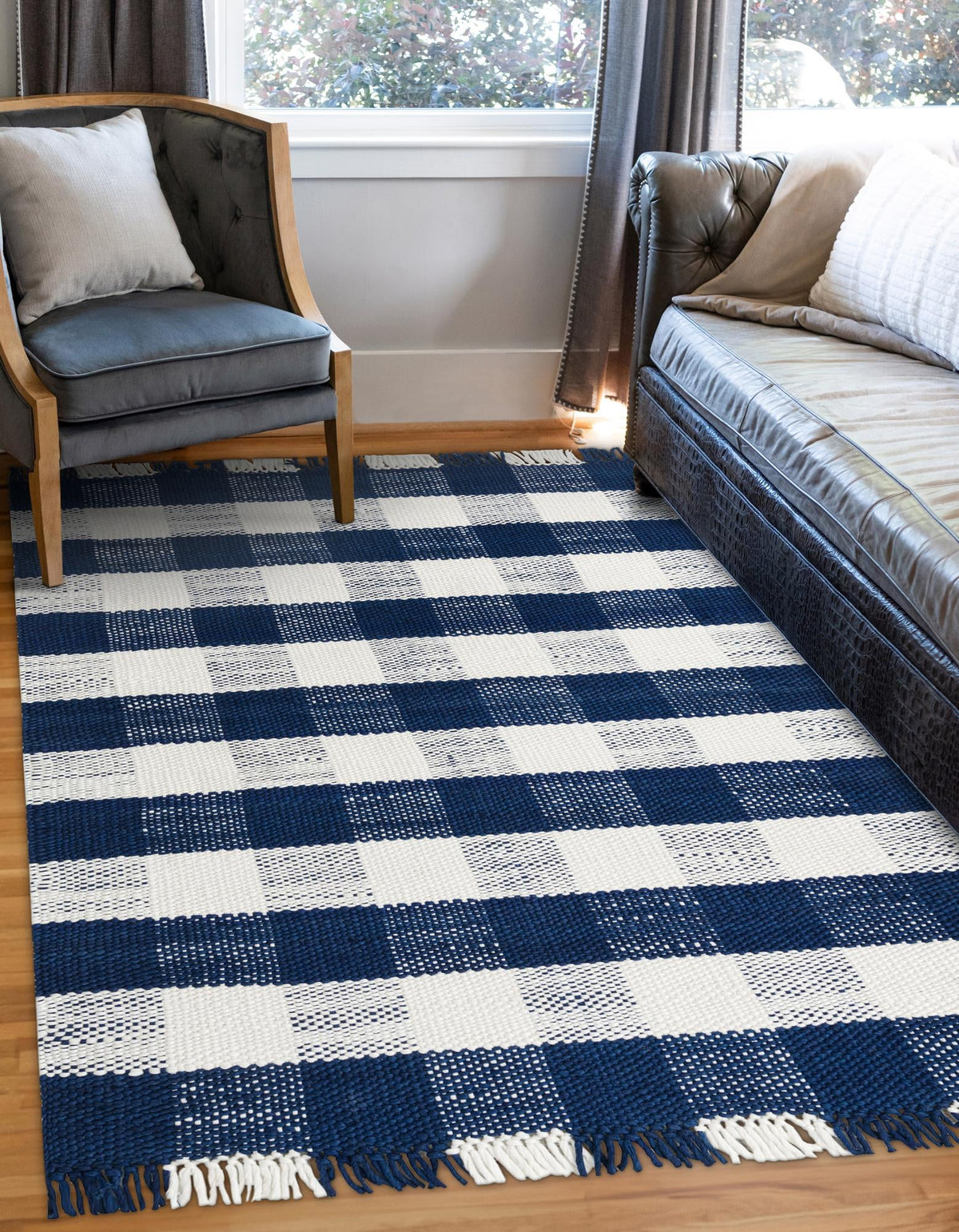 Sustainable Grid Indoor-Outdoor Oasis Collection Area Rug - Savannah Rectangle Navy Blue  lifestyle 7