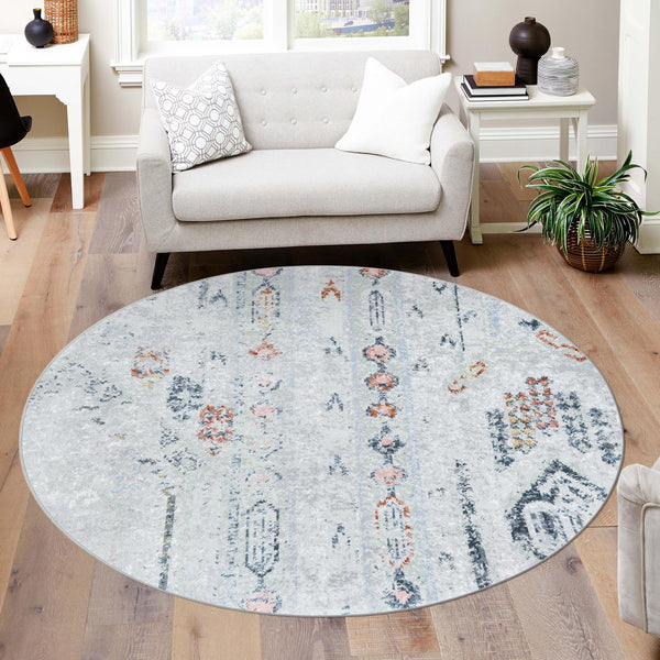 Aegean Elegance Washables Collection Area Rug -  Zakynthos Round Ivory Gray  lifestyle 62