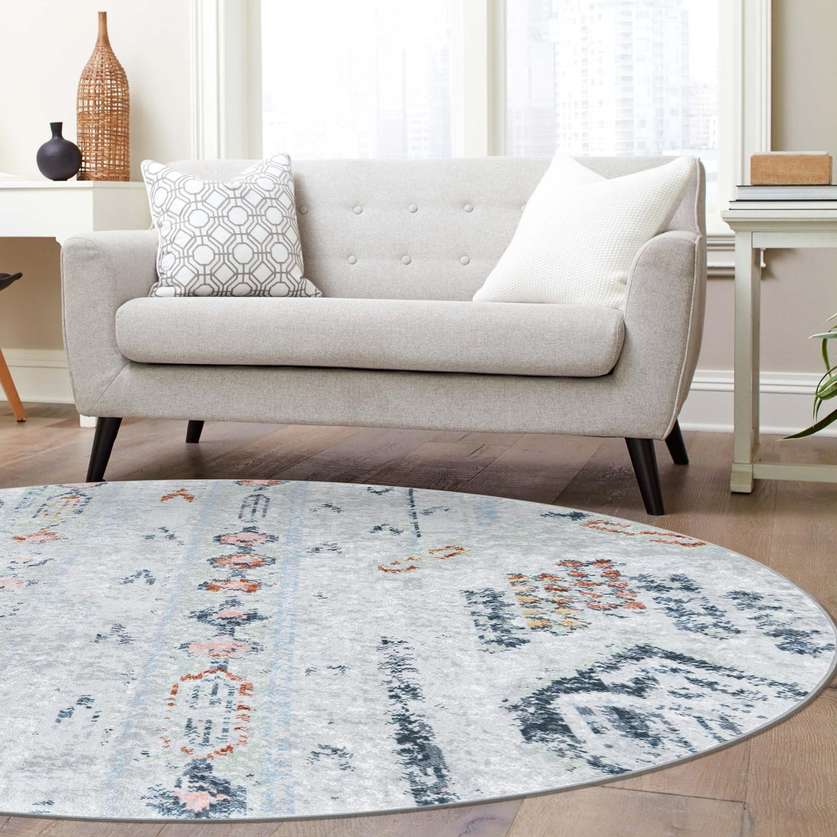 Aegean Elegance Washables Collection Area Rug -  Zakynthos Round Ivory Gray  lifestyle 68