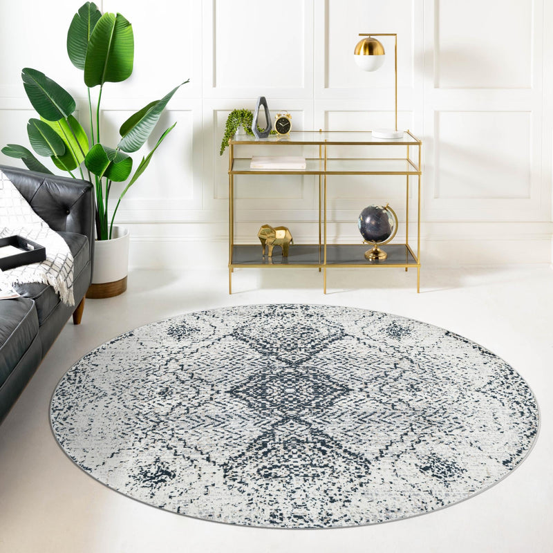 Aegean Elegance Washables Collection Area Rug -  Naxos Round Black and White  lifestyle 99