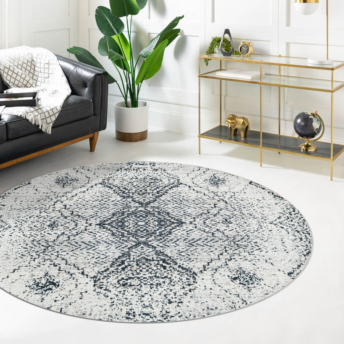 Aegean Elegance Washables Collection Area Rug -  Naxos Round Black and White  lifestyle 105