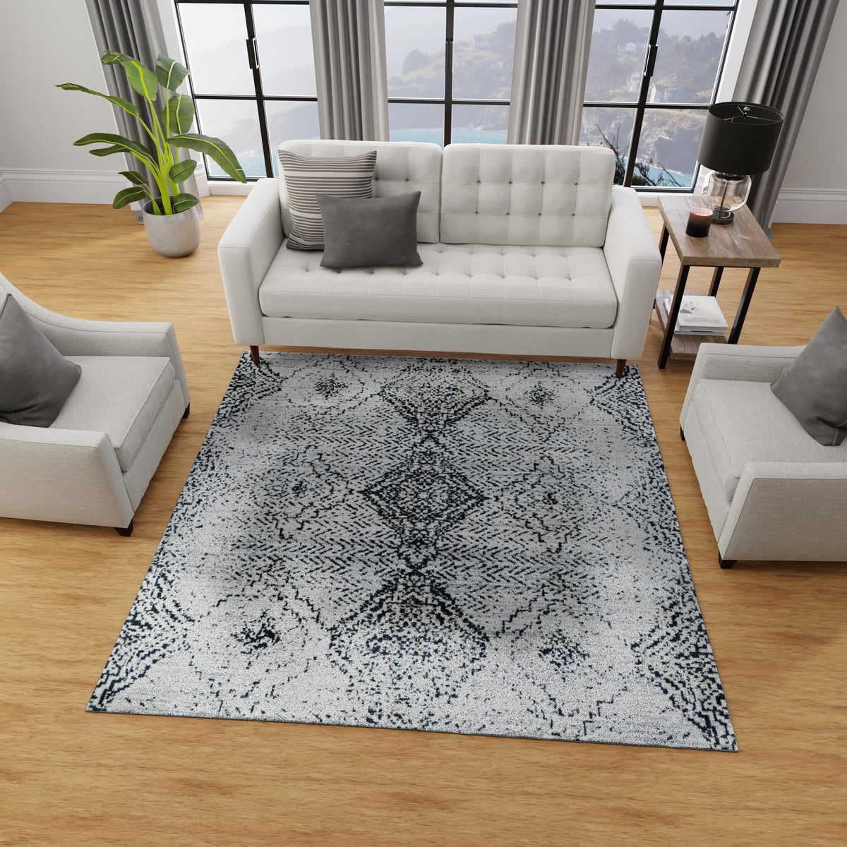 Aegean Elegance Washables Collection Area Rug -  Naxos Square Black and White  lifestyle 100