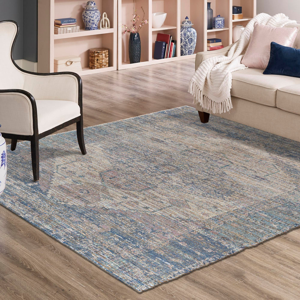 Desert Weave Jute Collection Area Rug - Sahara Square Blue  lifestyle 111