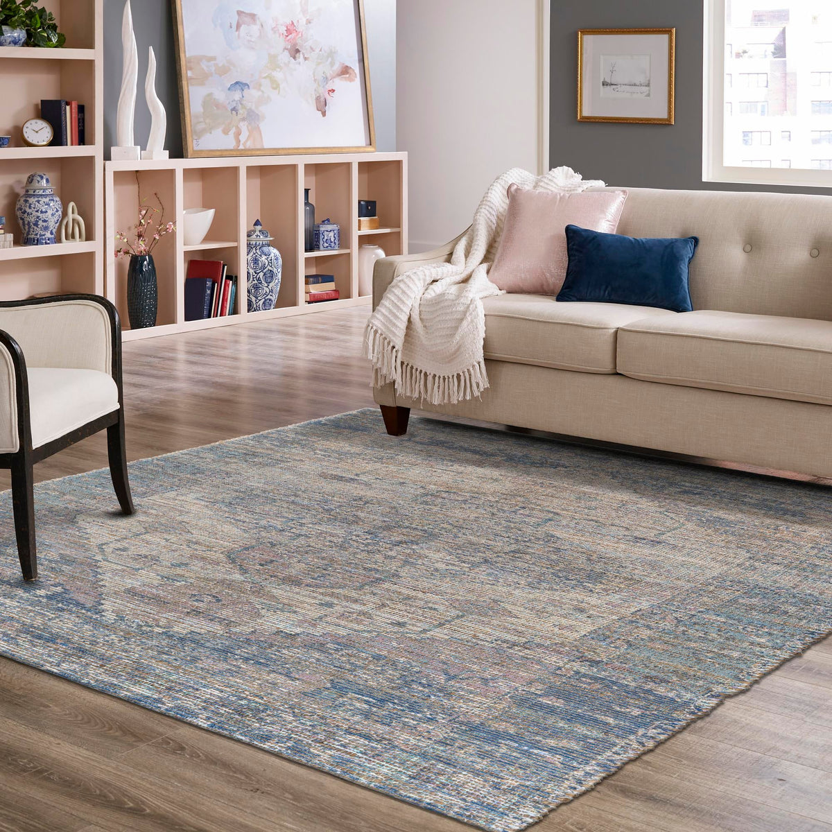 Desert Weave Jute Collection Area Rug - Sahara Square Blue  lifestyle 117