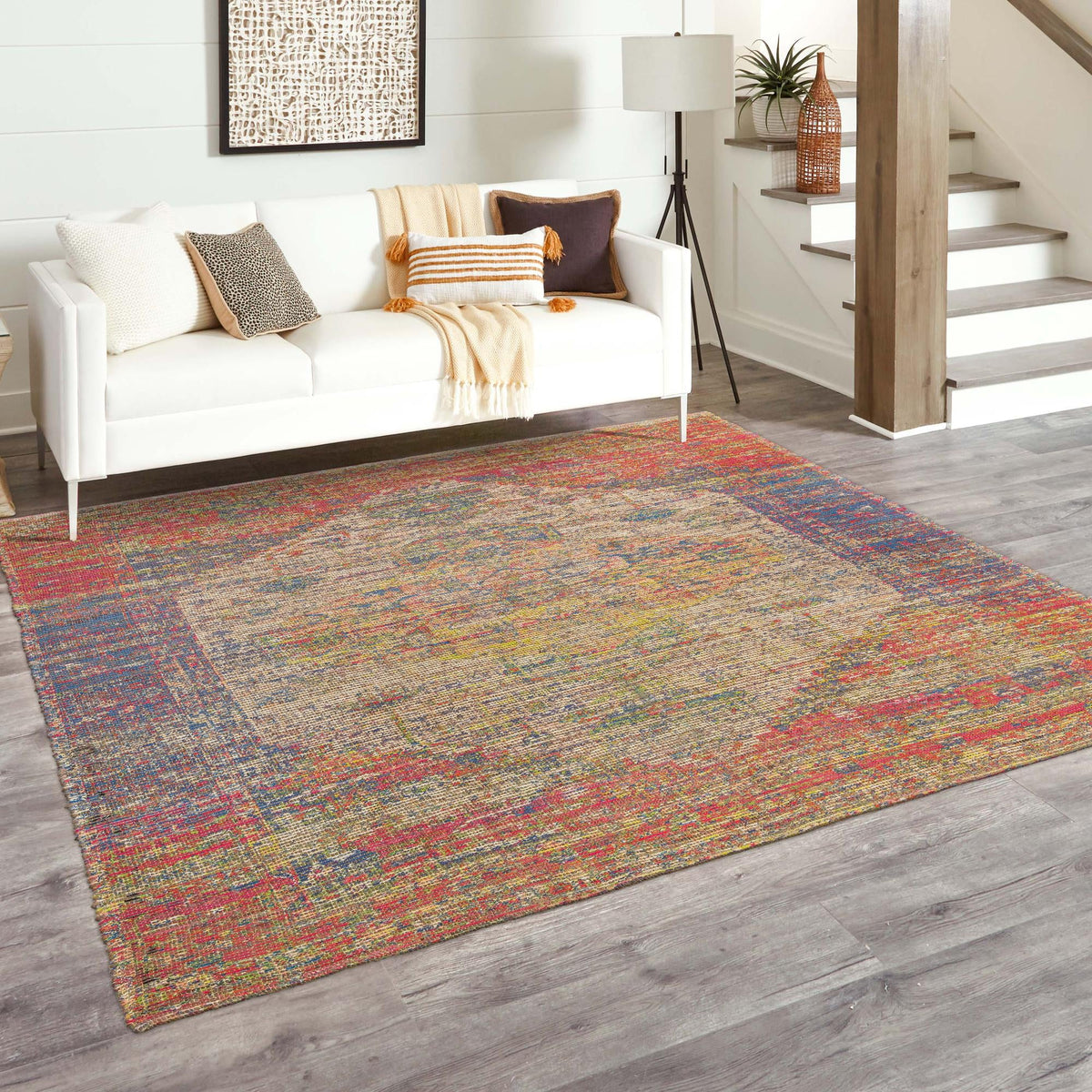 Desert Weave Jute Collection Area Rug - Sahara Square Multi  lifestyle 113