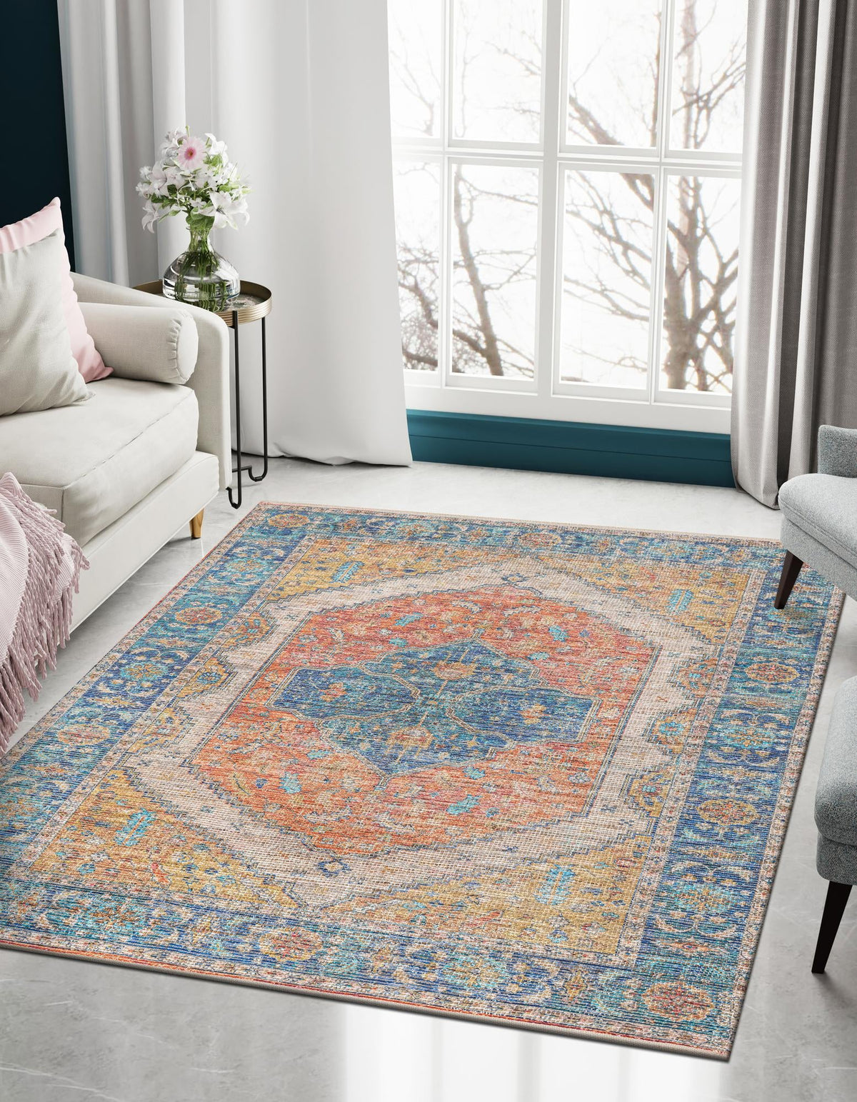 Savannah Threads Collection Area Rug - Charleston Rectangle Orange Yellow  lifestyle 2