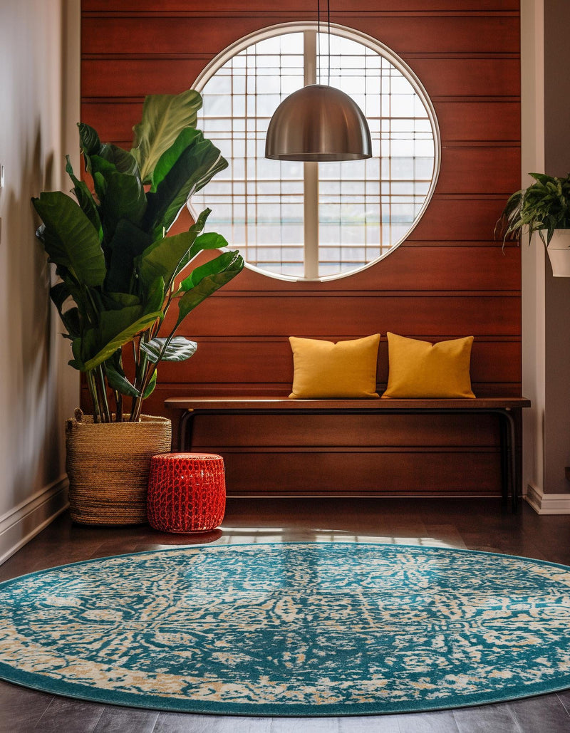 Copenhagen Dahlia Collection Area Rug -  Amager Round Teal  lifestyle 33